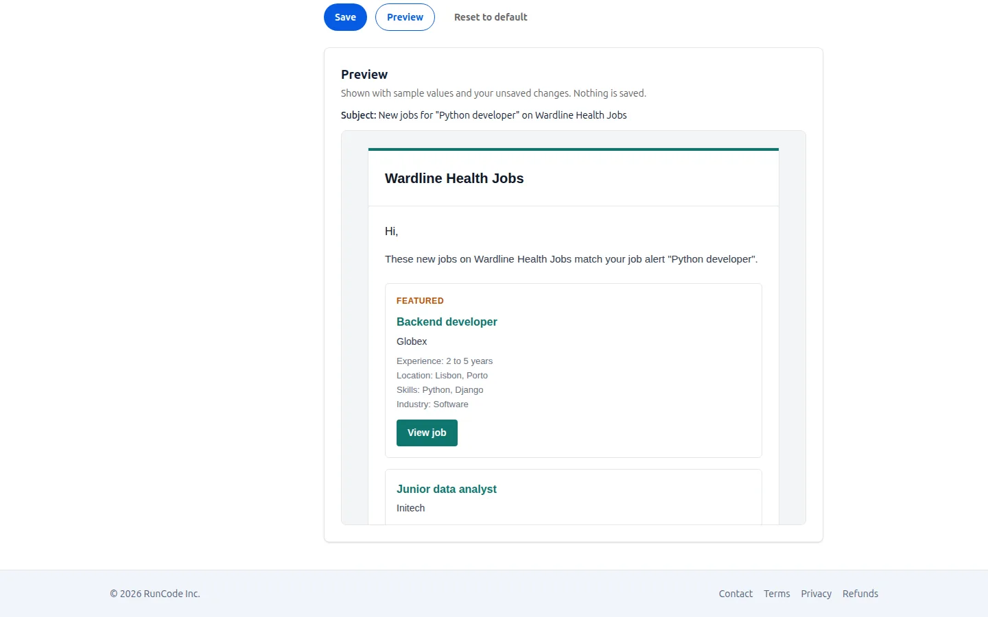 A preview of the job alert email in the JobClay console: sample jobs, sent in an example board’s name and colour.