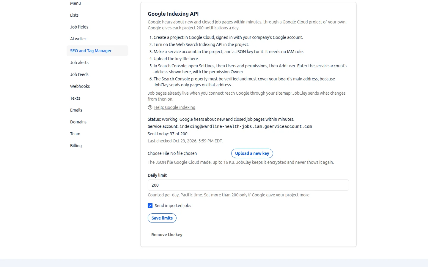 The Google Indexing API card of an example board in the JobClay console, connected and working, with the notifications sent today against the daily limit.