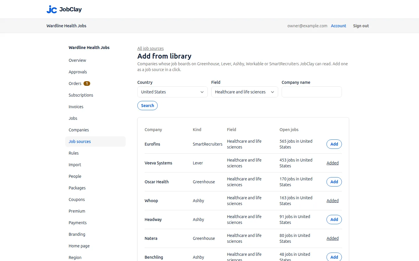 The source library in the JobClay console for an example board, showing healthcare companies with jobs in the United States: some already added as job sources, the others one click from it.