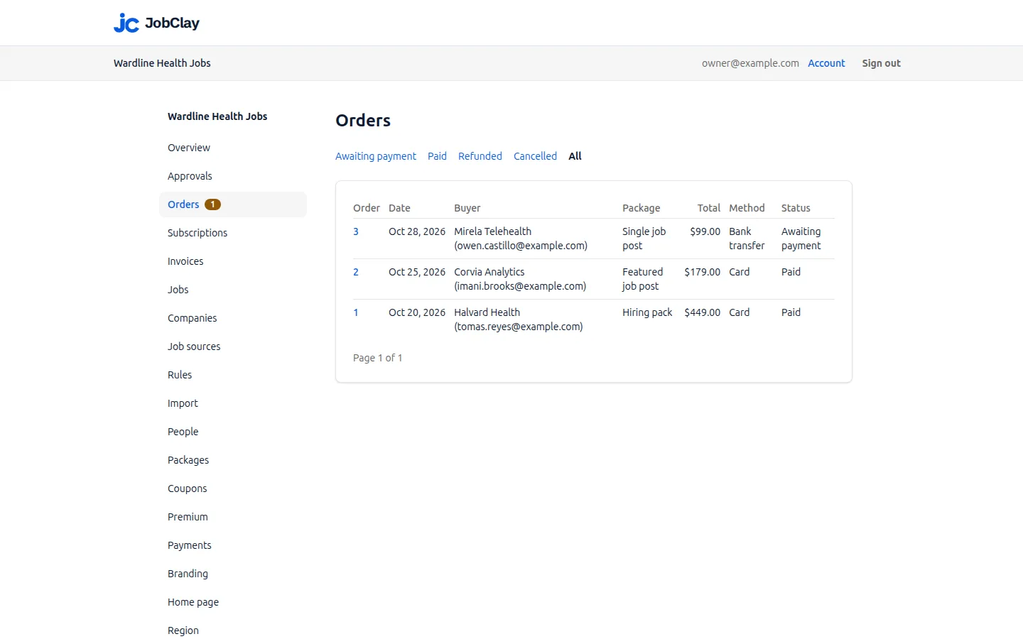 The orders of an example board in the JobClay console: two paid by card and one bank transfer awaiting payment.