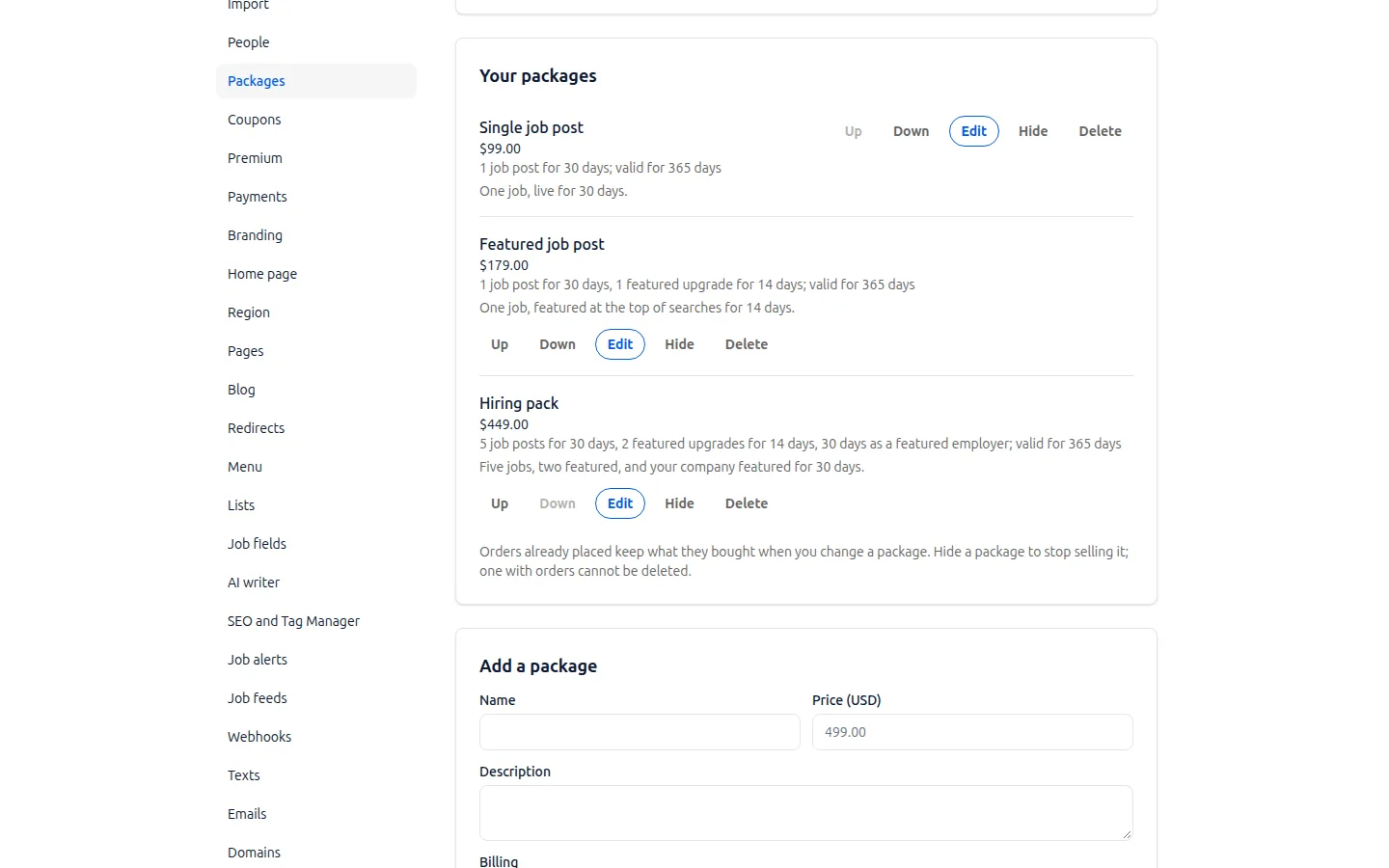 Three job packages an example board sells, in the JobClay console, each with its price, its credits and how long they last.