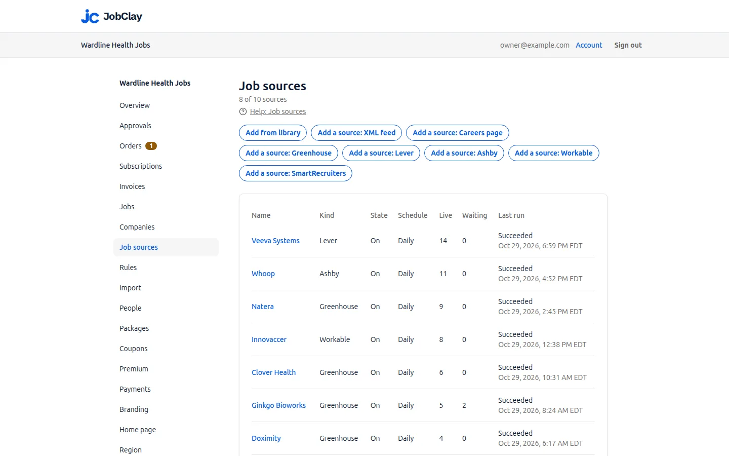 The job sources of an example board in the JobClay console, each with its hiring system, its live and waiting jobs and its last run.