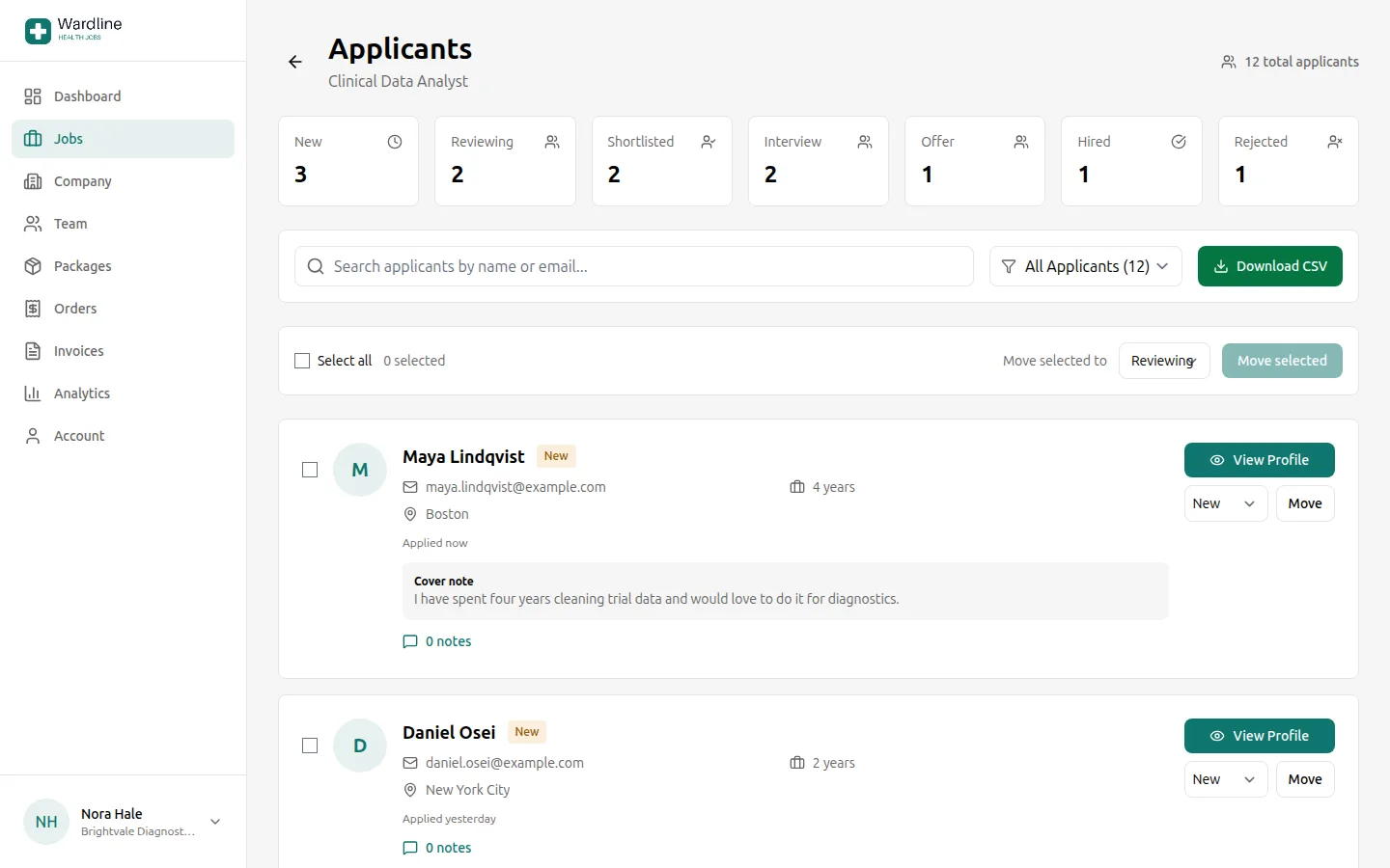 The applicants to one job on an example board, in the JobClay employer app, counted at each of seven stages from New to Rejected, with each applicant’s details and cover note.
