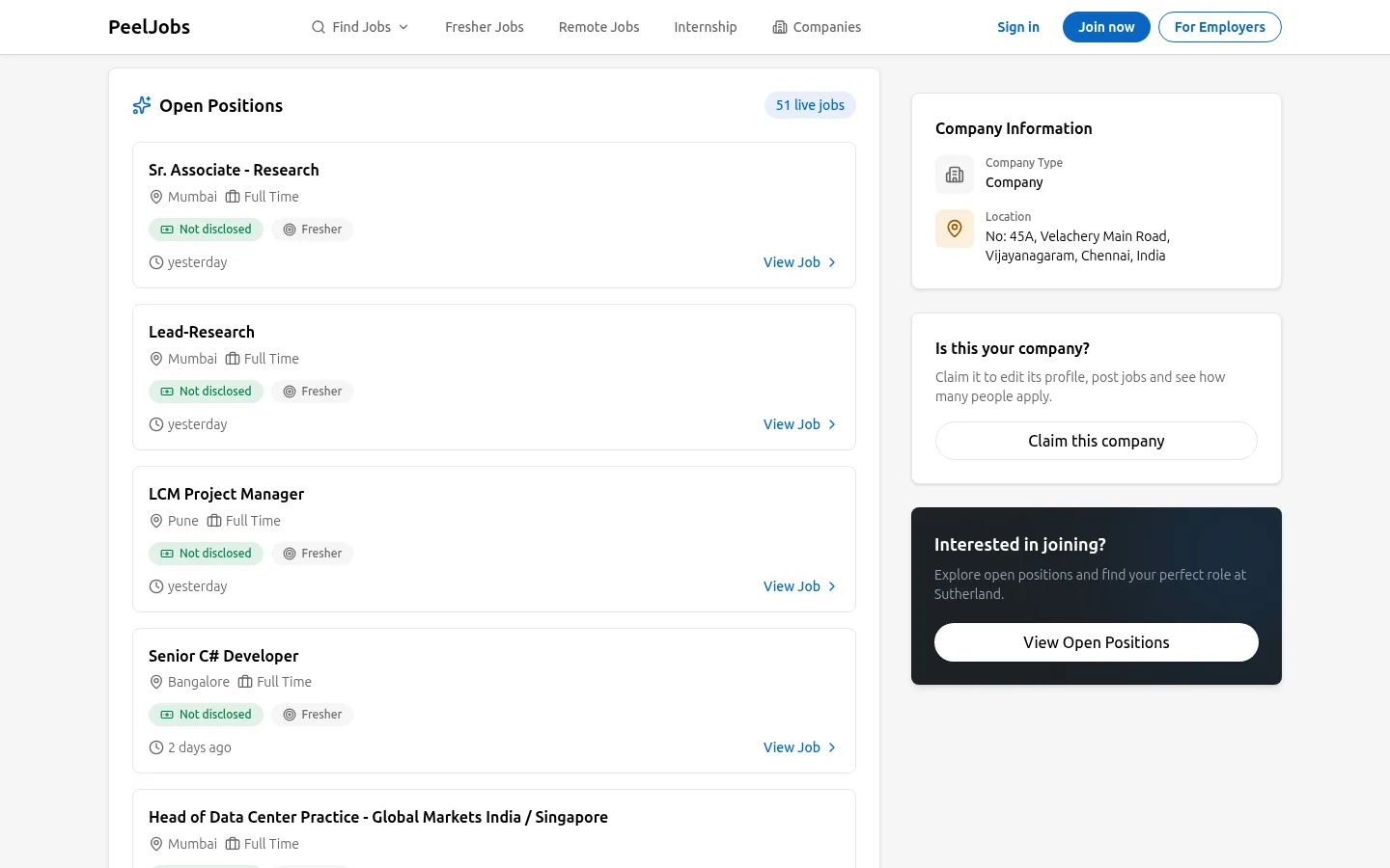 A company page on peeljobs.com: the company’s open positions, its details and a button for the company to claim the page.
