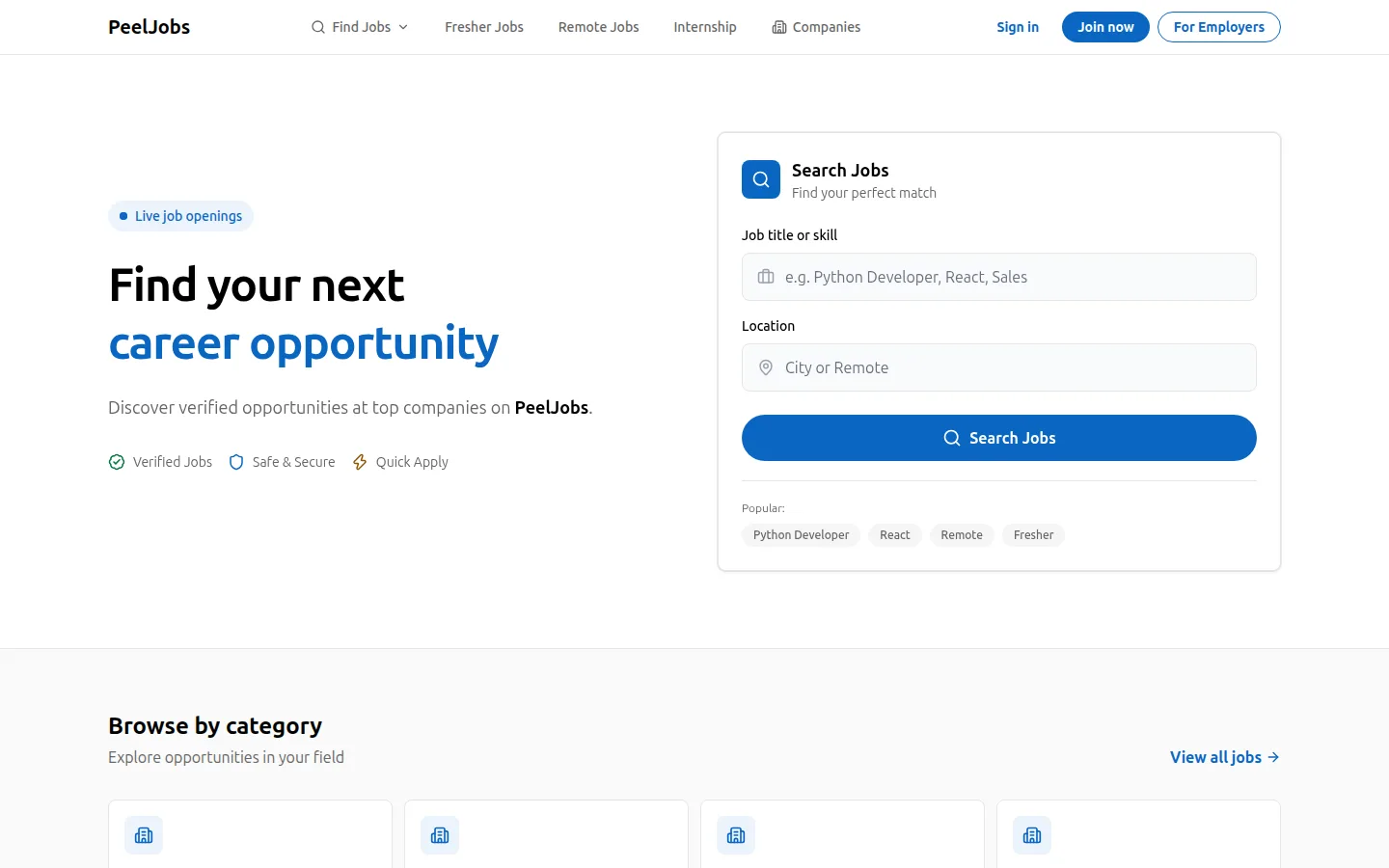The peeljobs.com home page: a search by job title or skill and by city, and the start of its job categories.