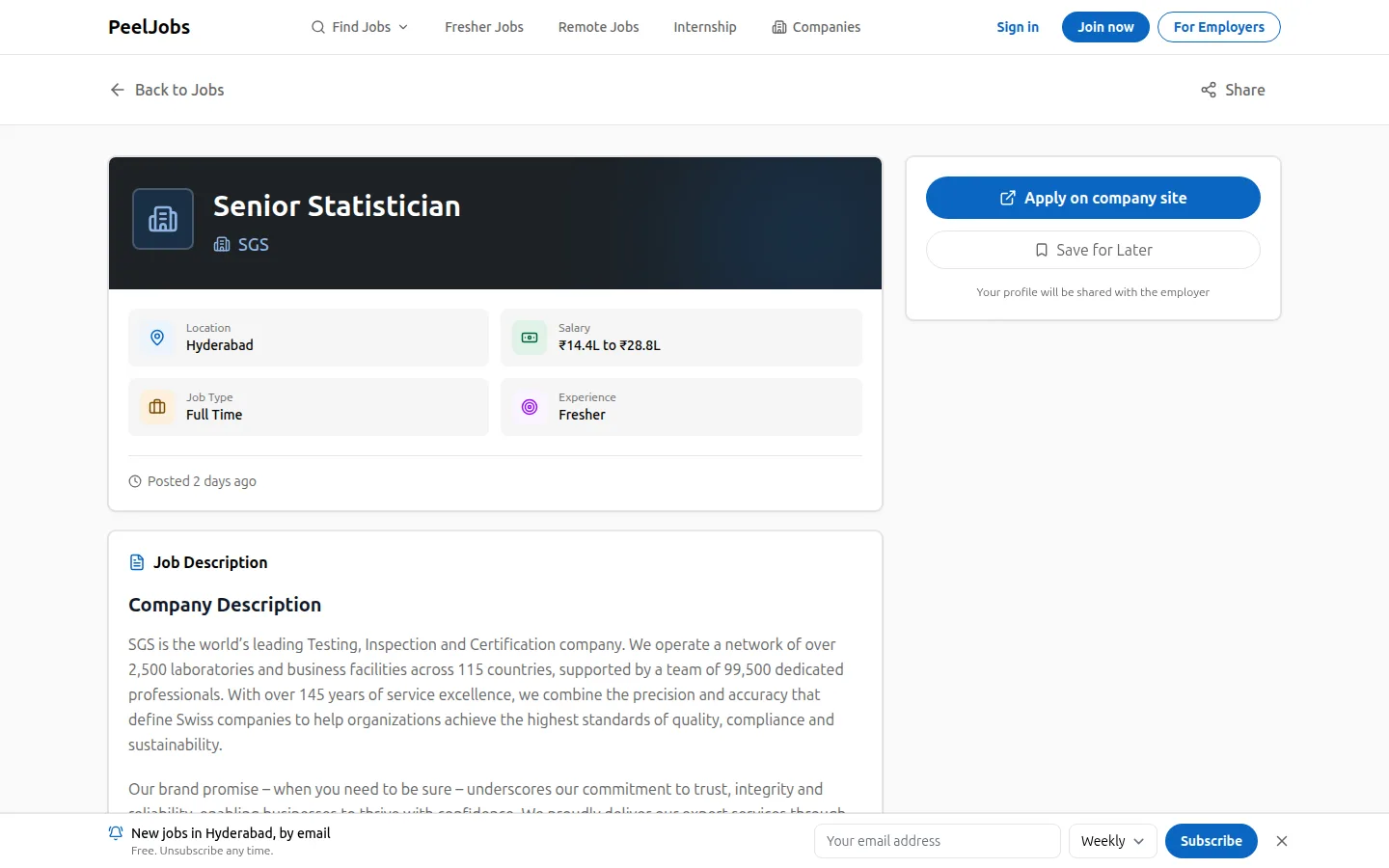 A job page on peeljobs.com for a senior statistician in Hyderabad, with the salary, the job type and a button to apply on the company’s site.
