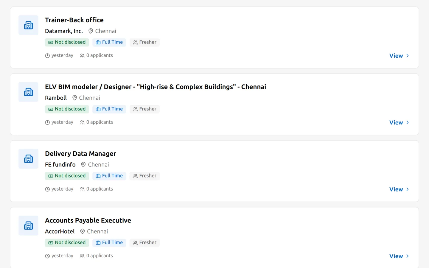 Open jobs on peeljobs.com from several employers in Chennai, each with its title, company, city, job type and when it was posted.