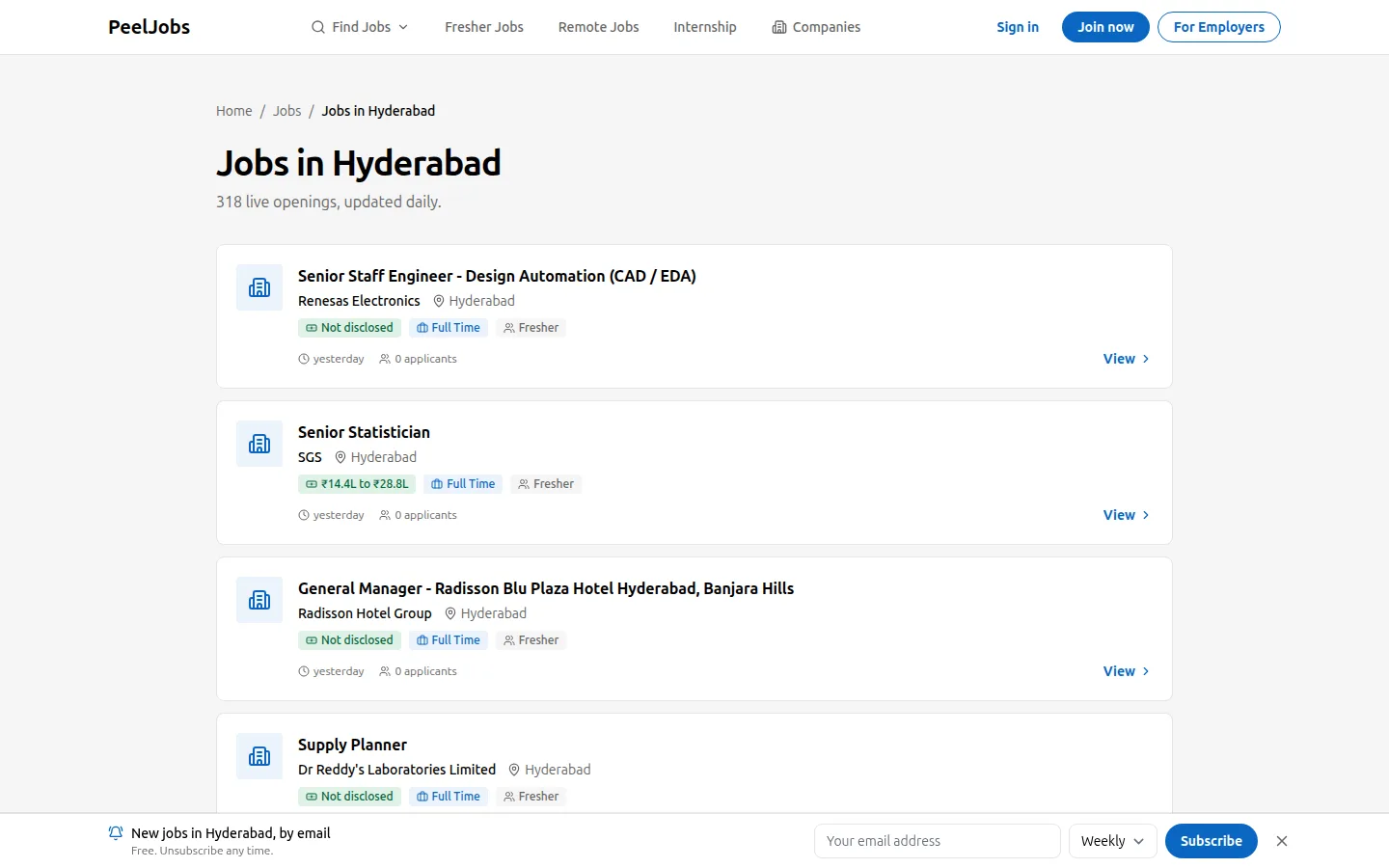 The page for jobs in Hyderabad on peeljobs.com, one of the board’s landing pages for a city, listing its live openings.